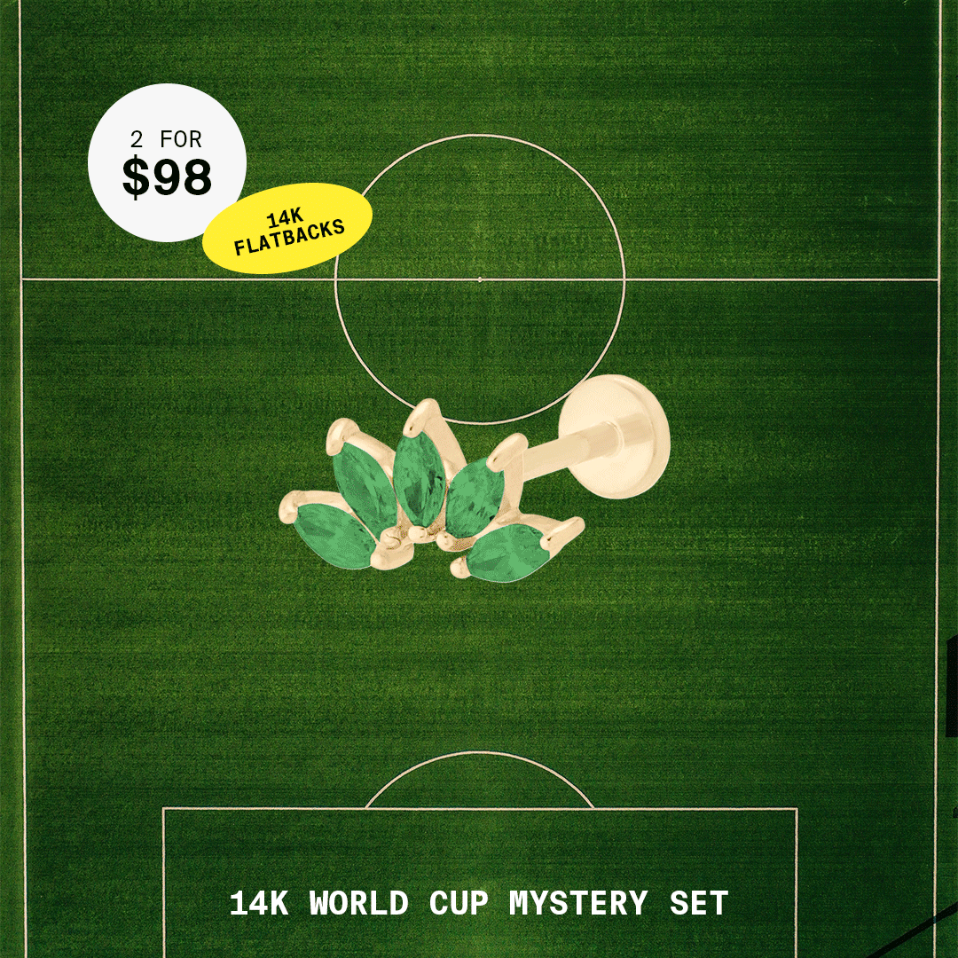 14K World Cup Mystery Image showing an assortment of 14k gold flatback earrings. The set includes 2 14K earrings for $98