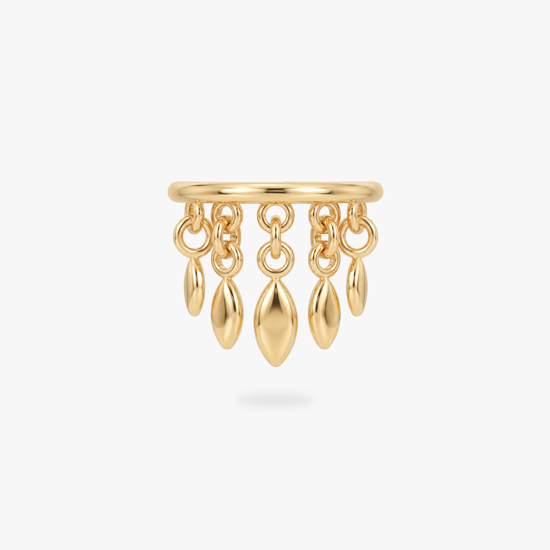 This image shows a titanium 14k gold plated clicker with 5 solid fringe dangles