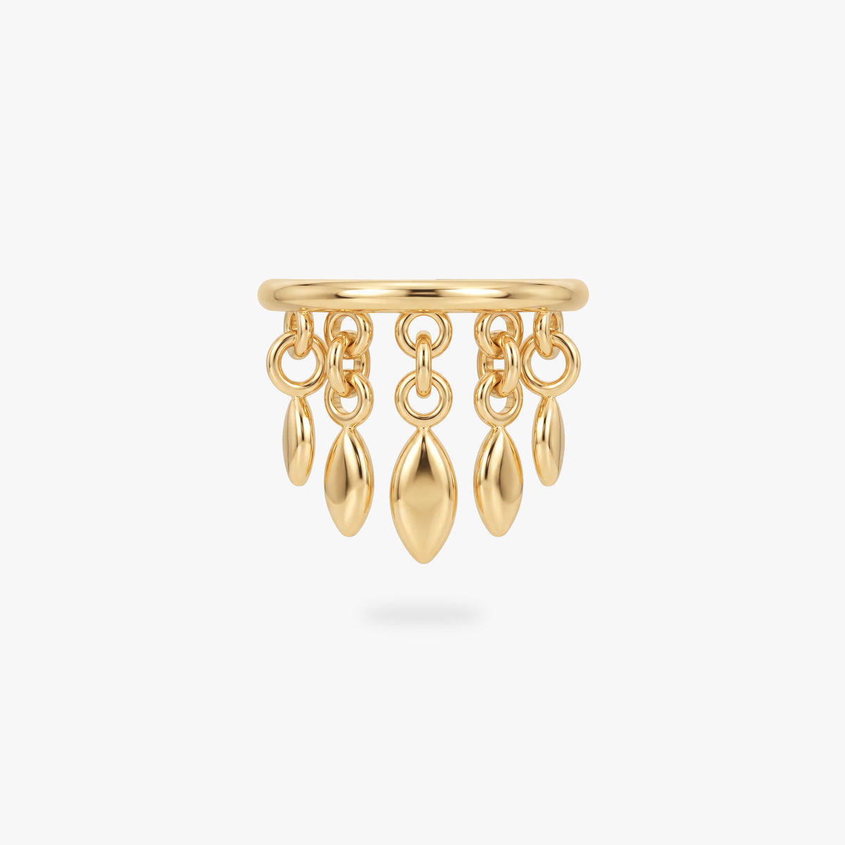 This image shows a titanium 14k gold plated clicker with 5 solid fringe dangles 