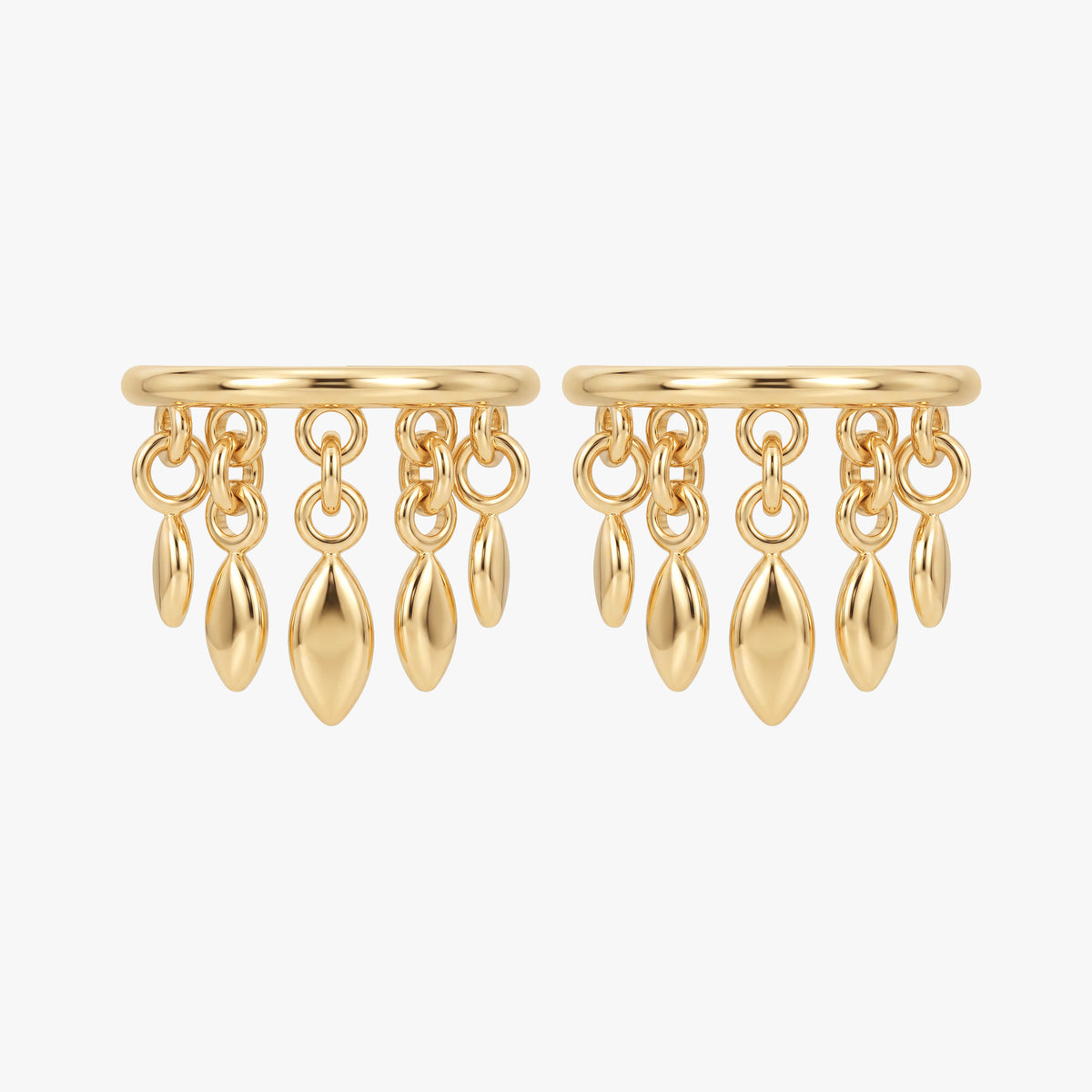 This image shows a pair of the titanium 14k gold plated clicker with 5 solid fringe dangles 
