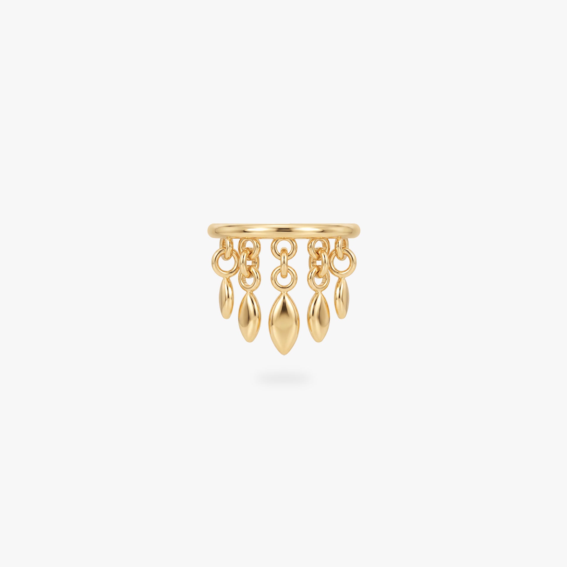 This image shows a titanium 14k gold plated clicker with 5 solid fringe dangles