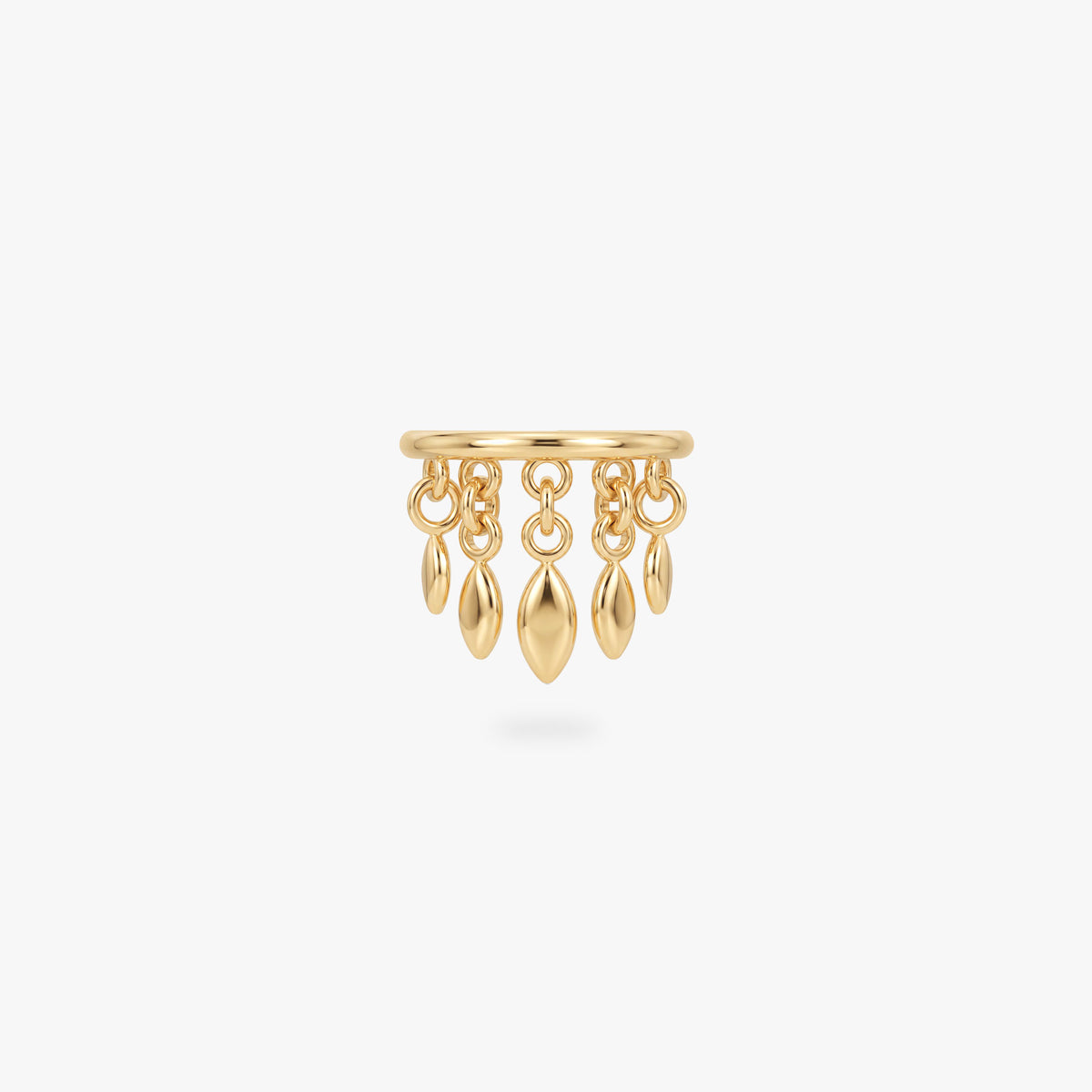 This image shows a titanium 14k gold plated clicker with 5 solid fringe dangles 