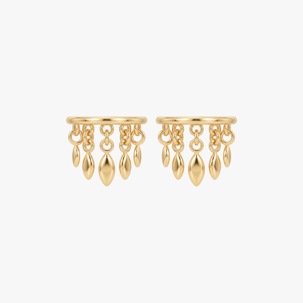This image shows a pair of titanium 14k gold plated clicker with 5 solid fringe dangles 