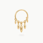 This image shows a titanium 14k gold plated clicker with 5 solid fringe dangles 