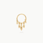 This image shows a titanium 14k gold plated clicker with 5 solid fringe dangles 