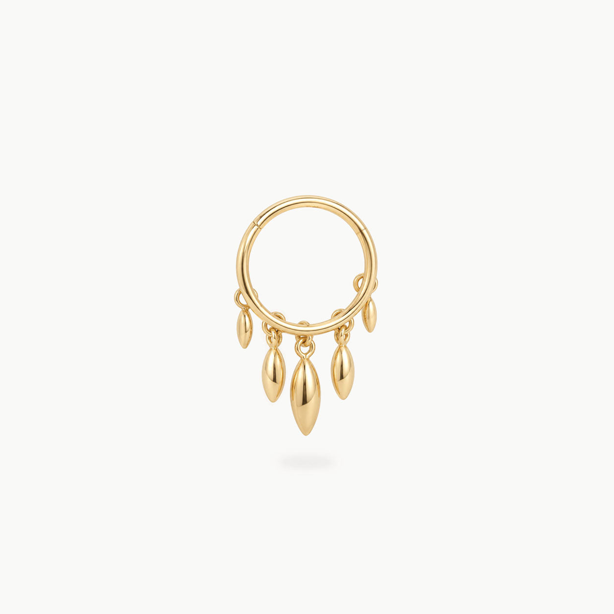 This image shows a titanium 14k gold plated clicker with 5 solid fringe dangles