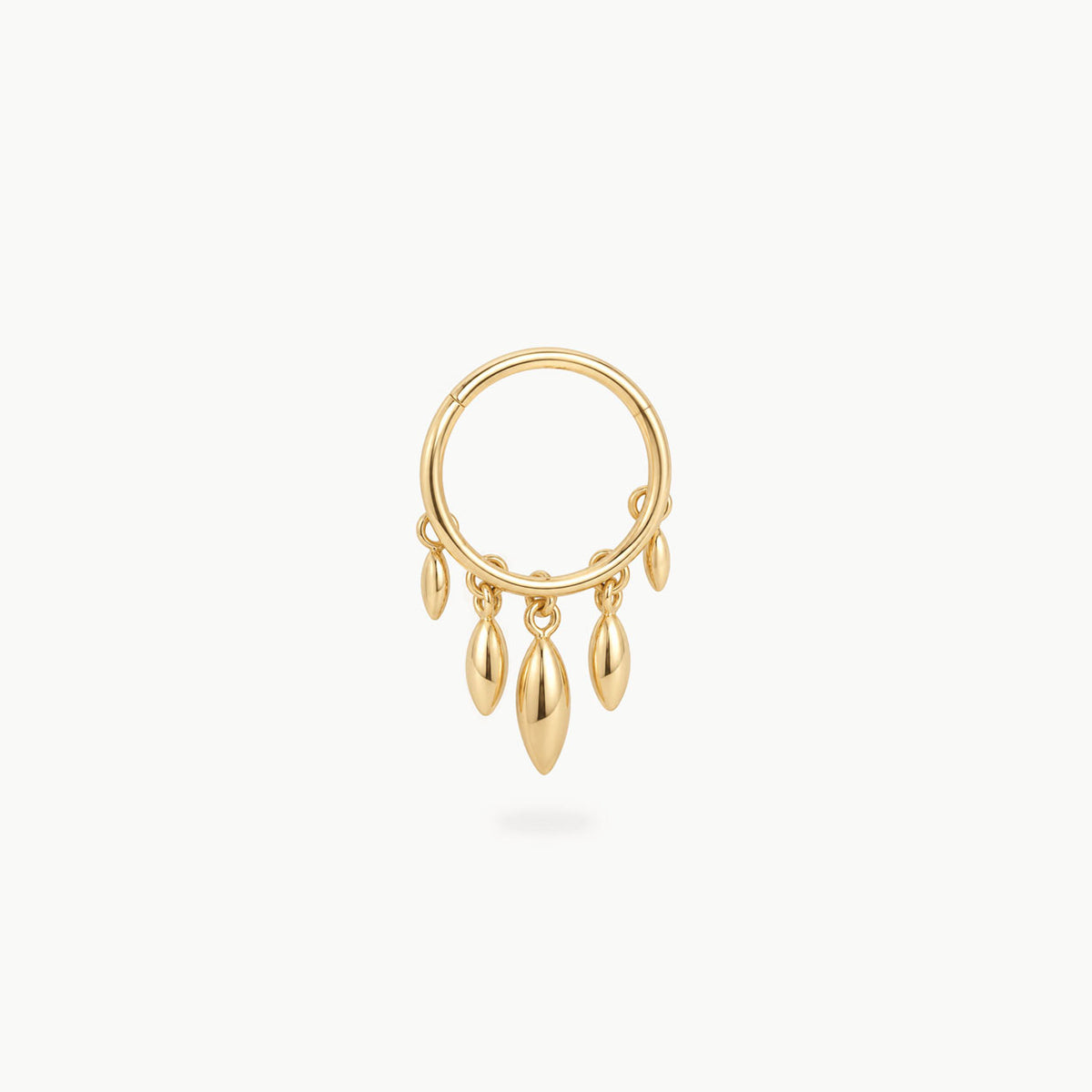 This image shows a titanium 14k gold plated clicker with 5 solid fringe dangles 