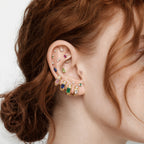 This is an earscape featuring the golden ti pear cz cluster flatback. The flatback has three pear cz.The top is red, middle stone is light pink and the bottom is clear.
