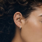 This image shows an earscape featuring the 14k pear cluster flatback with three clear cz stones