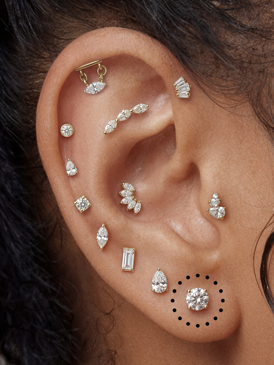 Close-up of a person's ear showcasing multiple gold and silver ear piercings, including studs, hoops, and a circular stud with a black dotted circle overlay indicating placement.