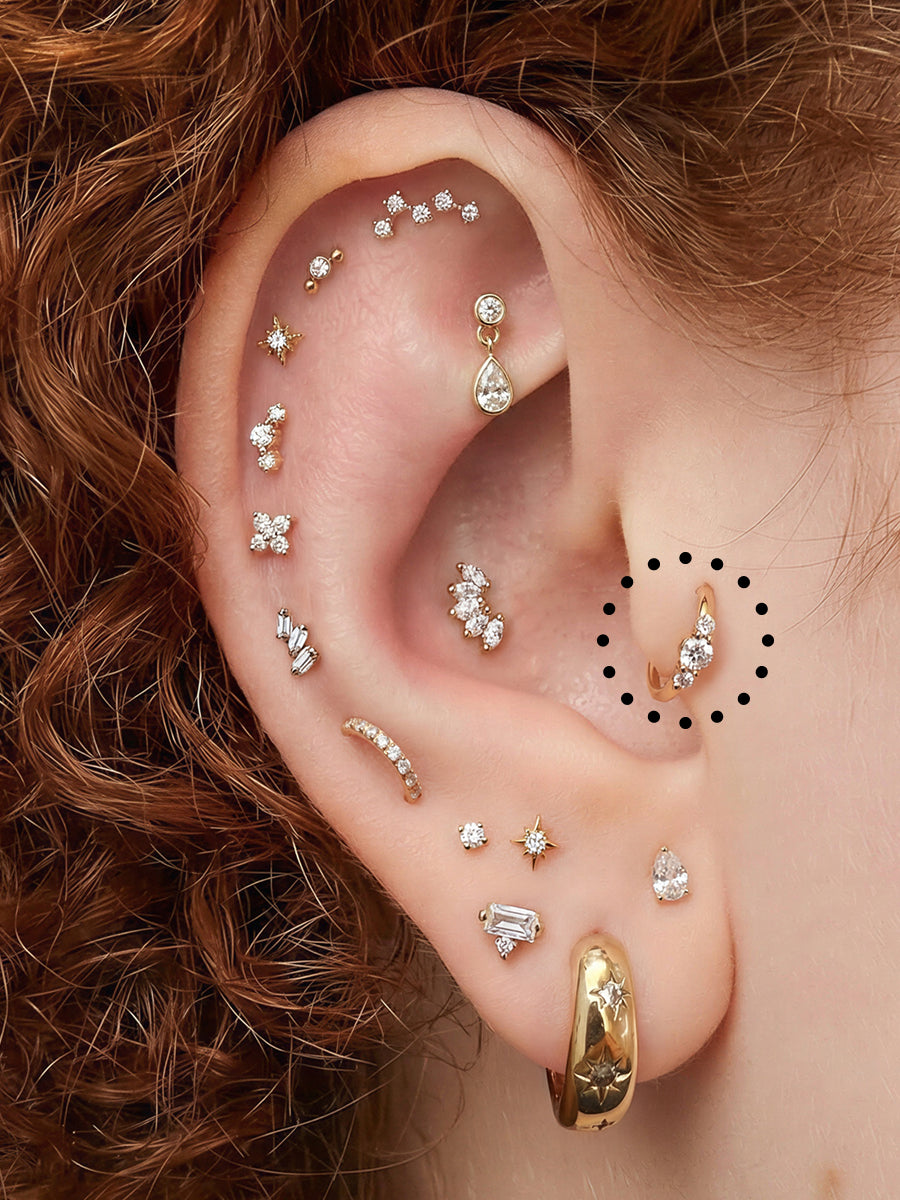 Close-up of a human ear wearing multiple gold and clear crystal stud earrings, with one earring circled in black dots. 