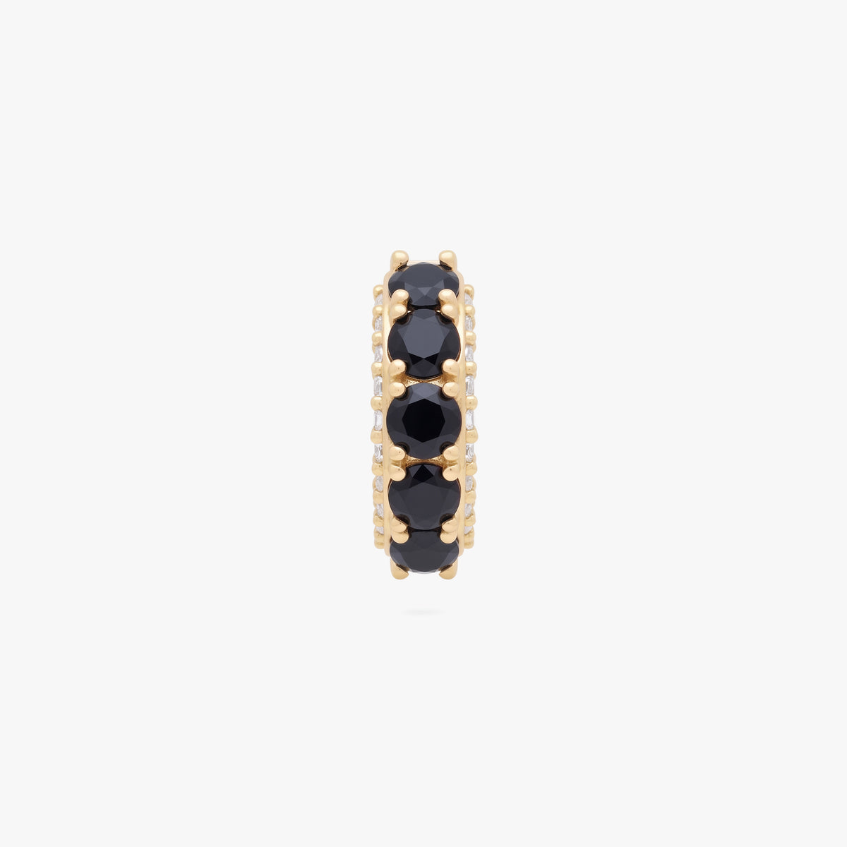 this image shows the front view of the max pave huggie with black cz stones along the front and clear along the side of the huggie 