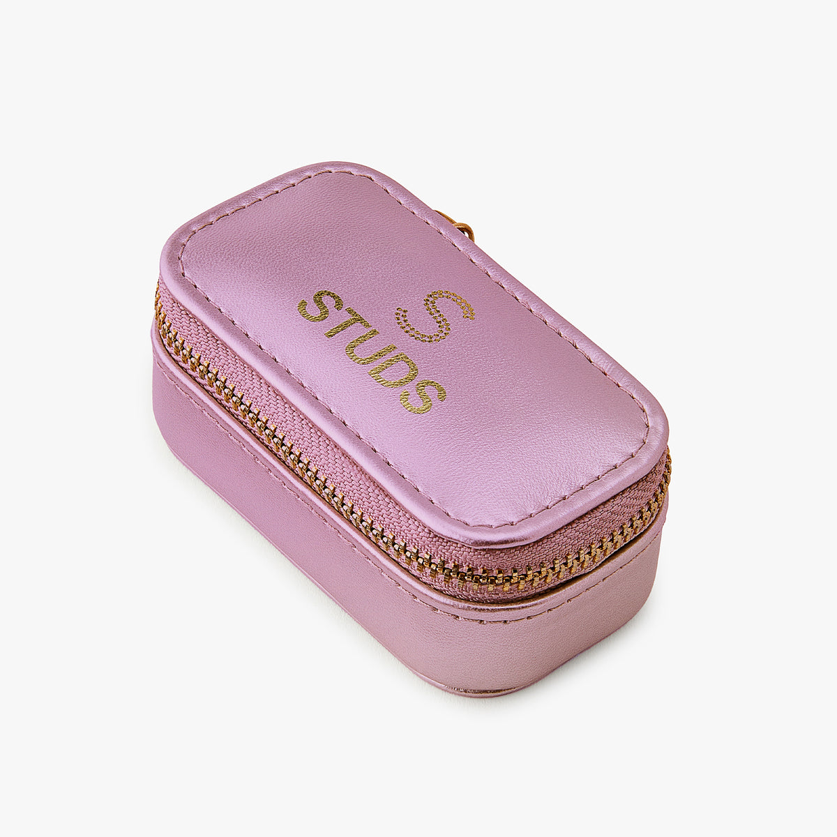 Pink jewelry box with 'STUDS' foil printed on the top with a zipper closure on a white background