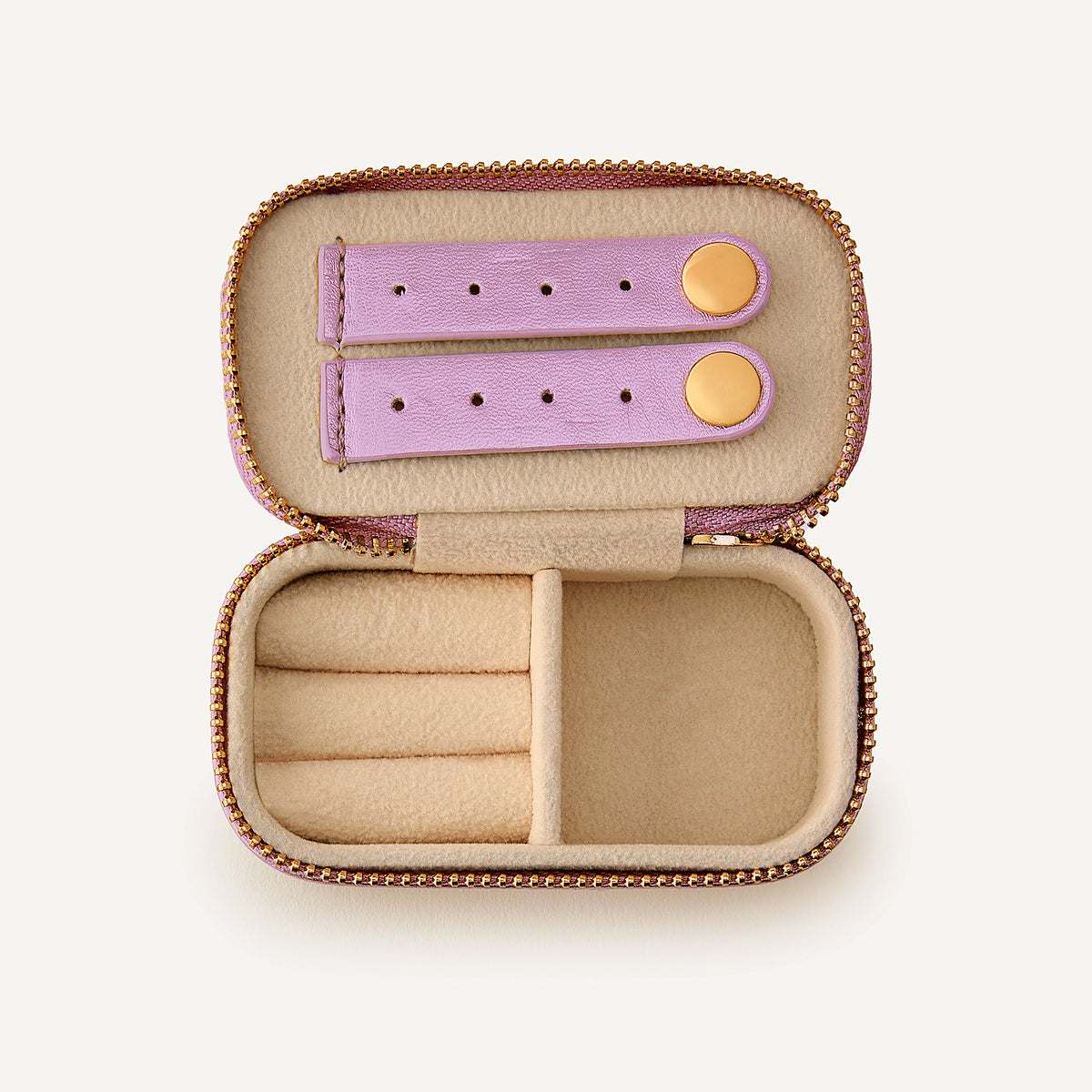 Open pink jewelry case on a white background