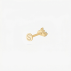 Back angle of a gold flatback with an engraved 'S' on the post