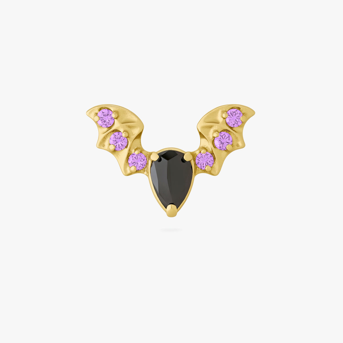 This image shows the front view of the golden titanium bat flatback with a center black cz stone and purple mini cz stones on the wings 