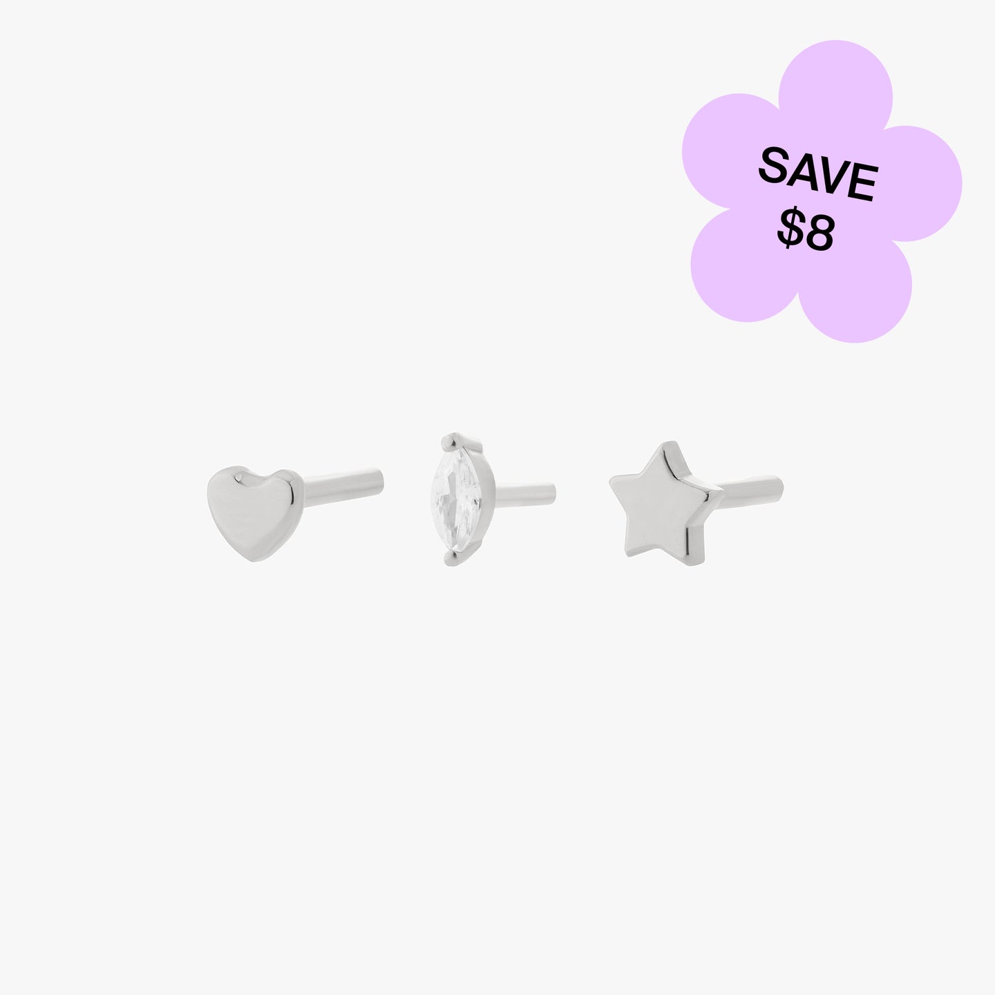 a bundle that comes with three silver reversible flatback posts (heart, star, and gold/clear marquise) in 6mm length color:null|6mm length