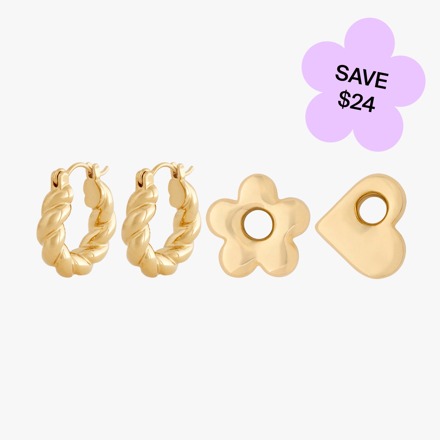 a gold earring set that includes two small french twist hoops, a puffy daisy charm, and a puffy heart charm color:null|gold