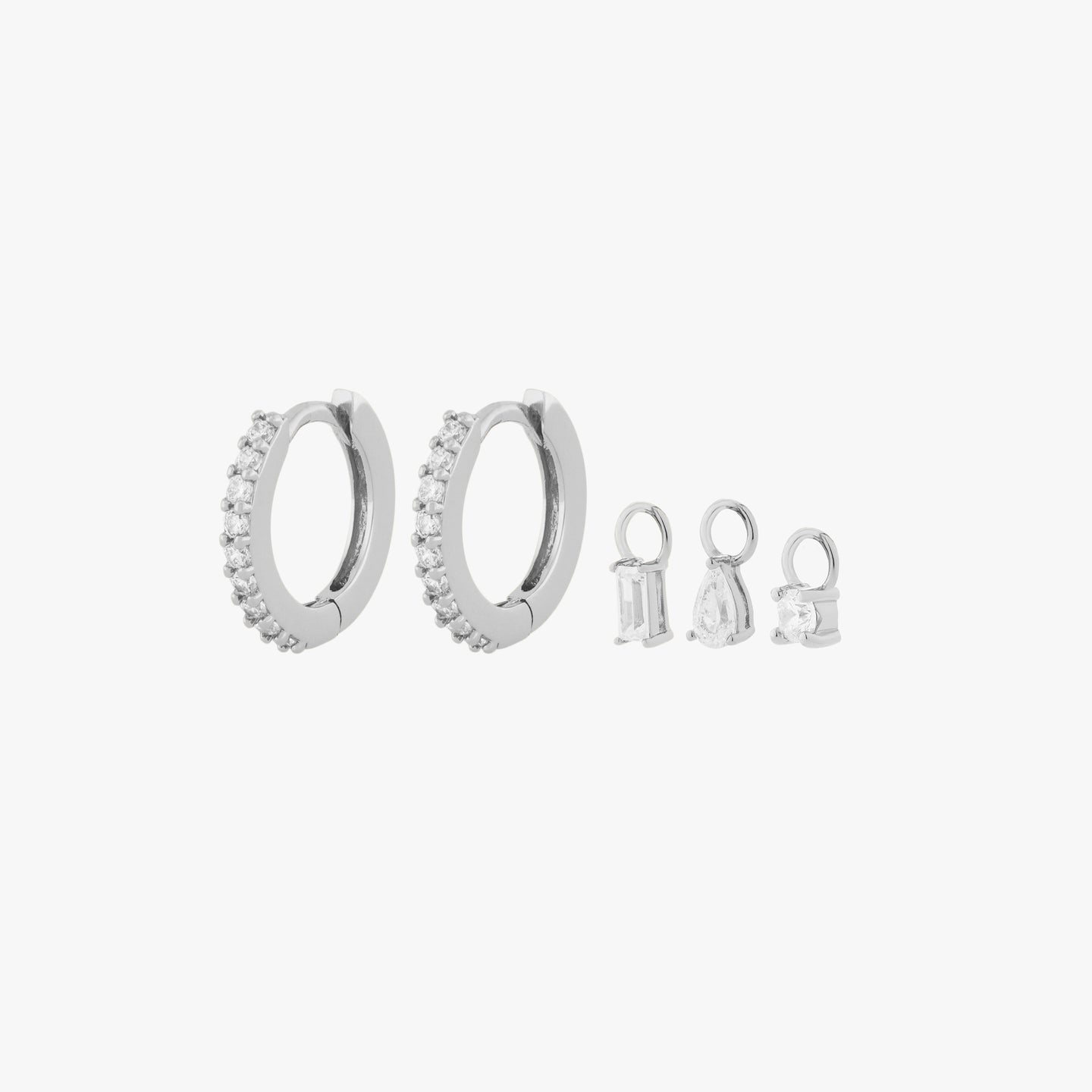Set of mini pave huggies and charms color:null|silver/clear
