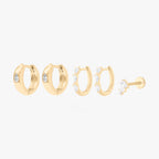 This Pear Starter Set includes 2 mini pave pear huggies, 2 chunky pear cz huggies, and one pear cluster flatback stud. These styles are all gold-toned with clear CZ stone accents.