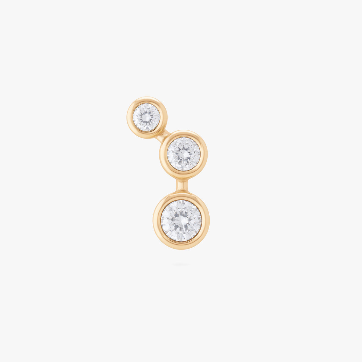 This is an image of the front view of the 14k gold flatback stud with 3 clear cz bezels in a cluster shape. 