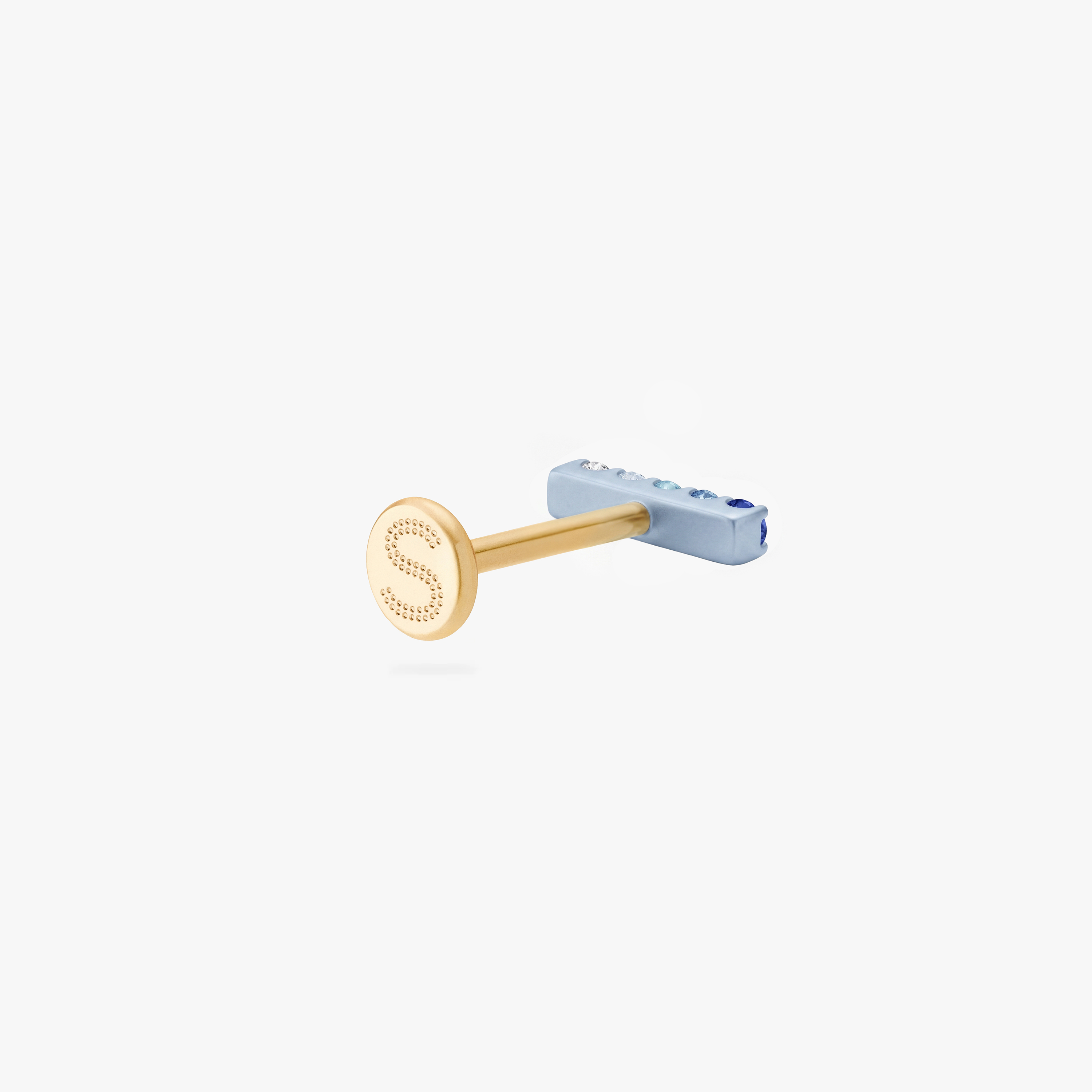 This is an image of an anodized blue flatback stud with a gradient of 5 blue CZ stones creating a pave bar. The flatback post for this earring is gold toned. - Alternative view 3