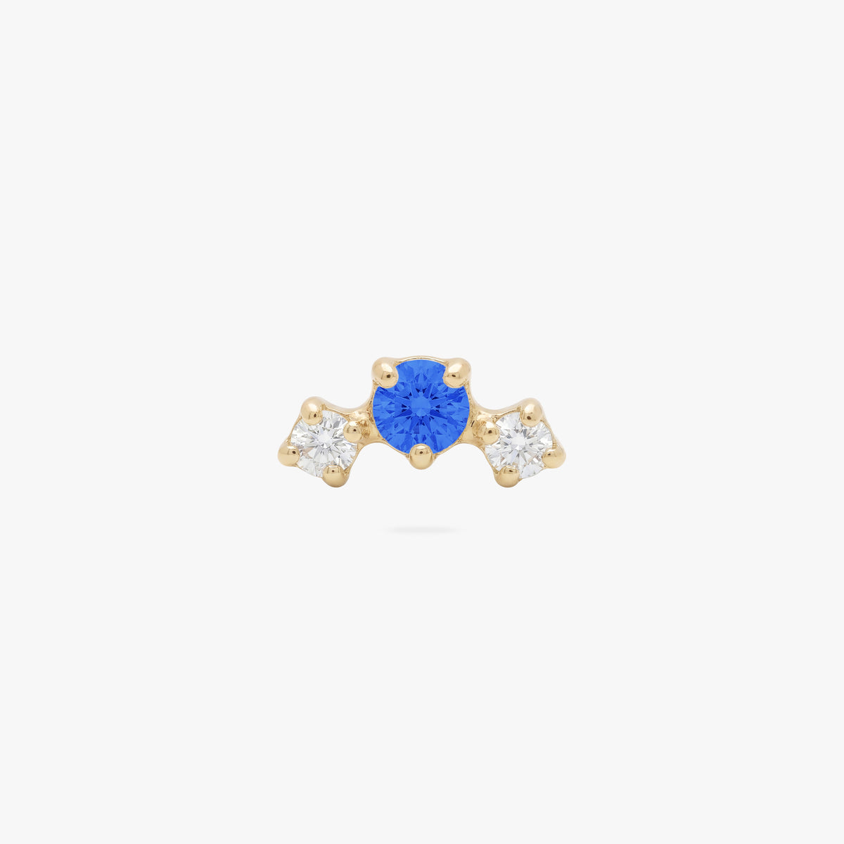this image shows the front view of a gold plated micro cluster flatback with two clear and one blue cz stones