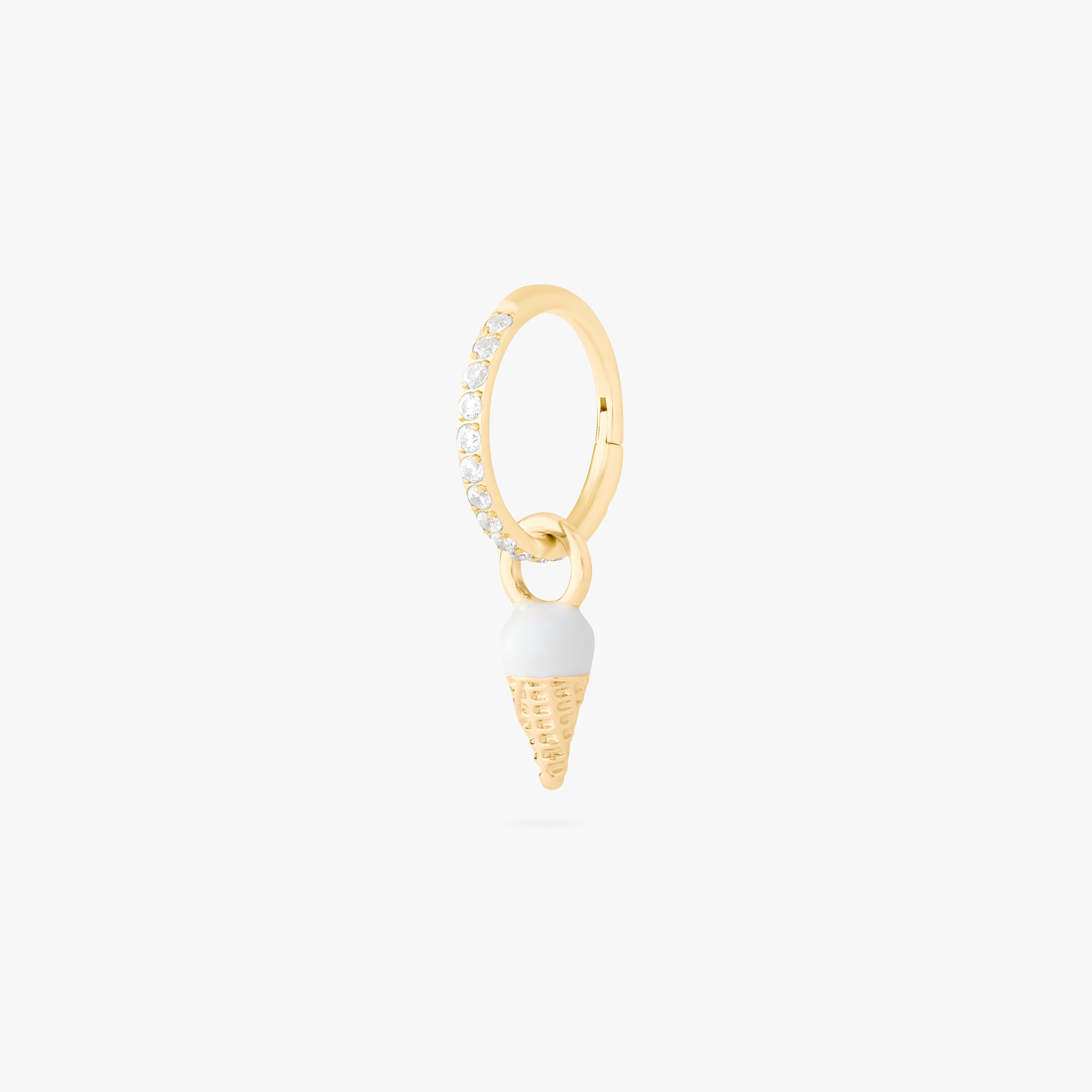 This is an image of a gold earring charm in the shape of an ice cream cone with white and tan enameling. - Alternative view 4
