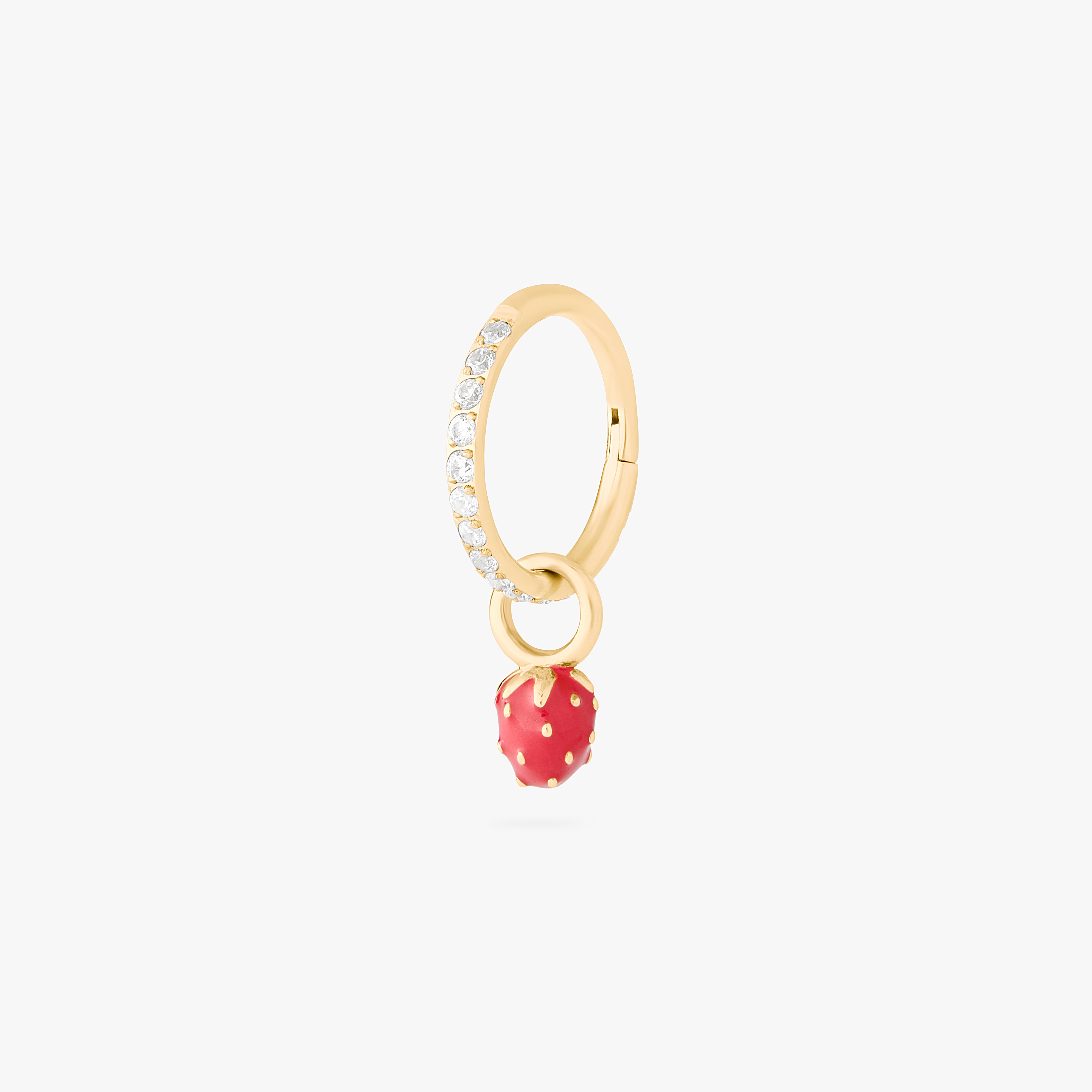 This is an image of a gold earring charm in the shape of a strawberry with red enameling. color:null|gold/red