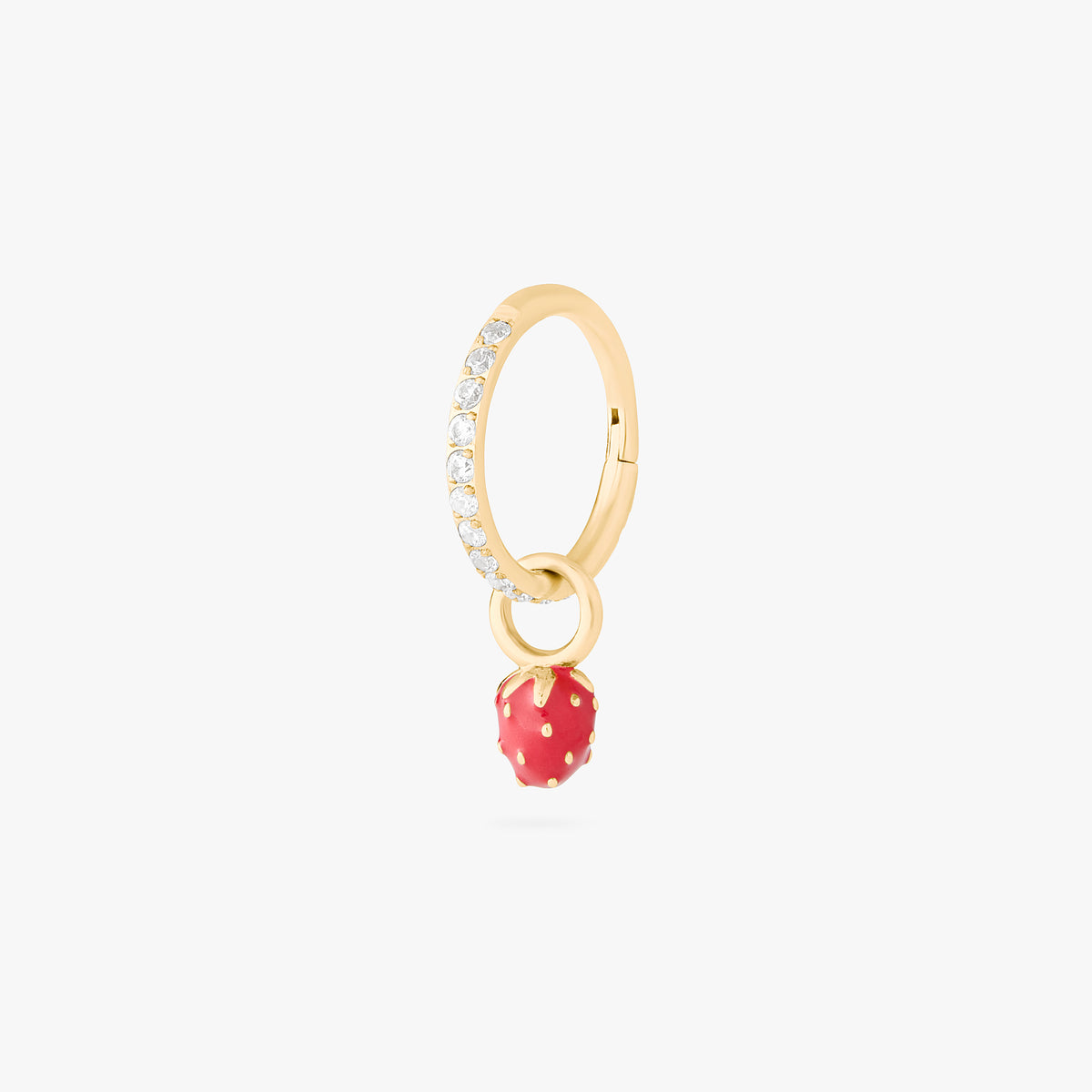 This is an image of a gold earring charm in the shape of a strawberry with red enameling. color:null|gold/red