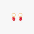 This is an image of a pair of gold earring charms in the shape of strawberries with red enameling. [pair] color:null|gold/red