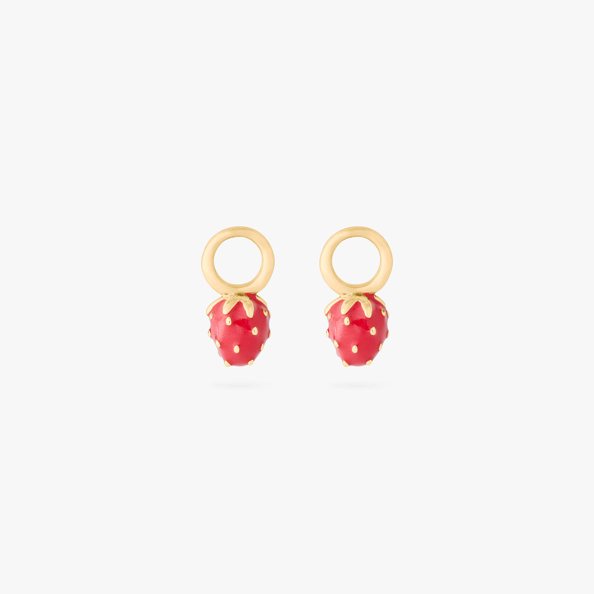 This is an image of a pair of gold earring charms in the shape of strawberries with red enameling. [pair] color:null|gold/red