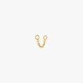 This is an image of a gold toned chain that is 2mm in length with two jump rings at the ends against a white background. 