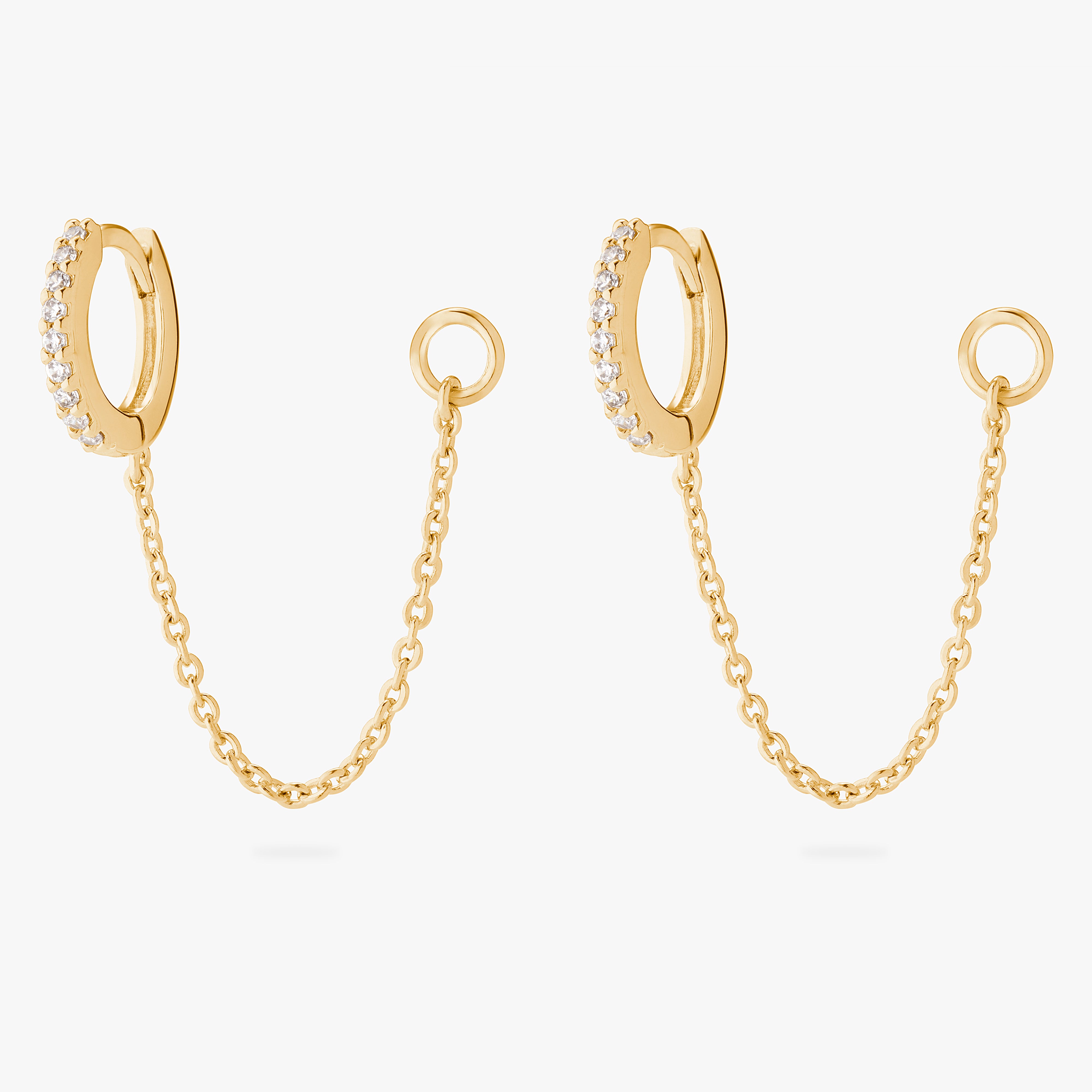 An image of a pair of gold/clear mini pave huggies with connector chains to open 4mm wide jump rings. [pair] color:null|gold/clear
