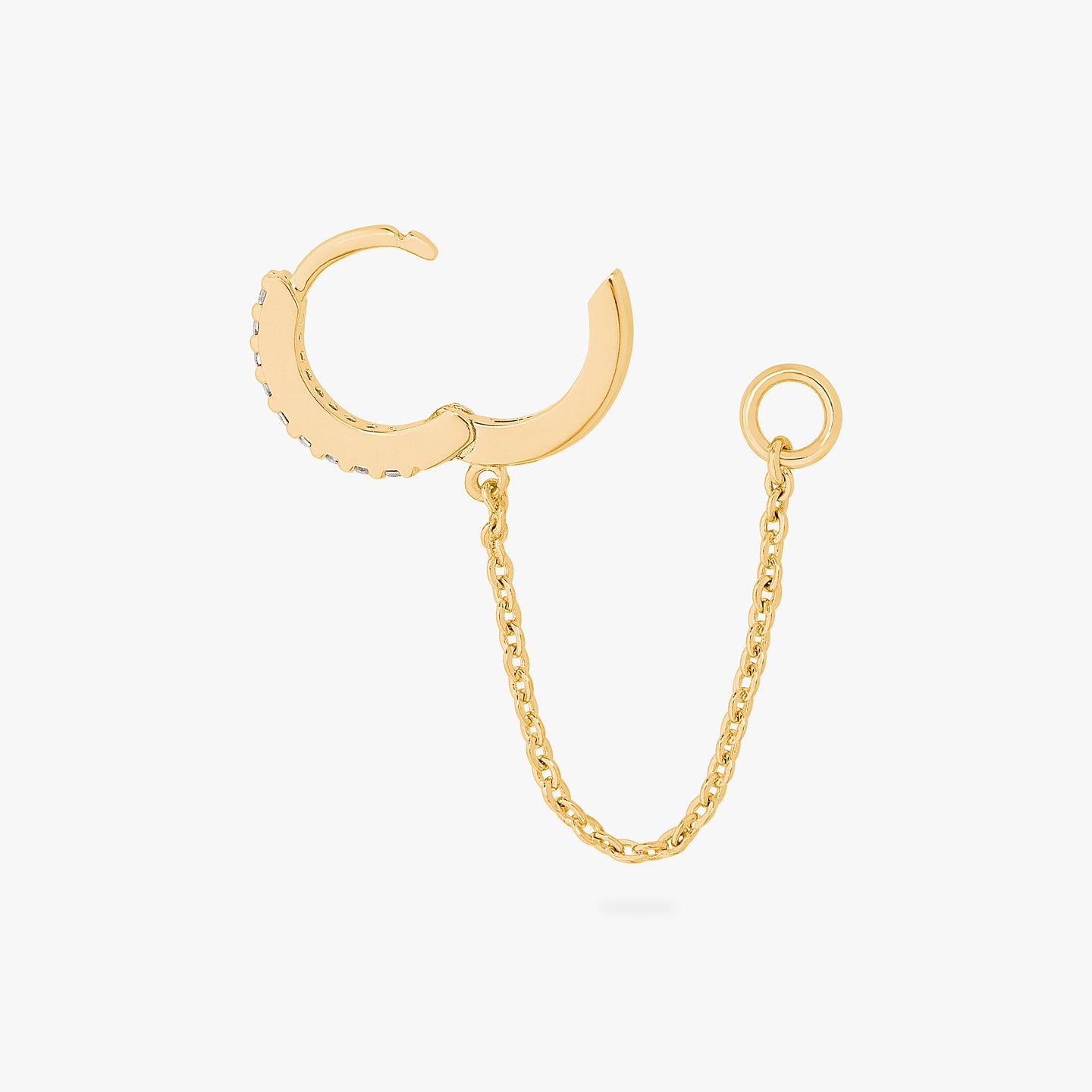 An image of a gold/clear mini pave huggie with a connector chain to an open 4mm wide jump ring unhinged. color:null|gold/clear
