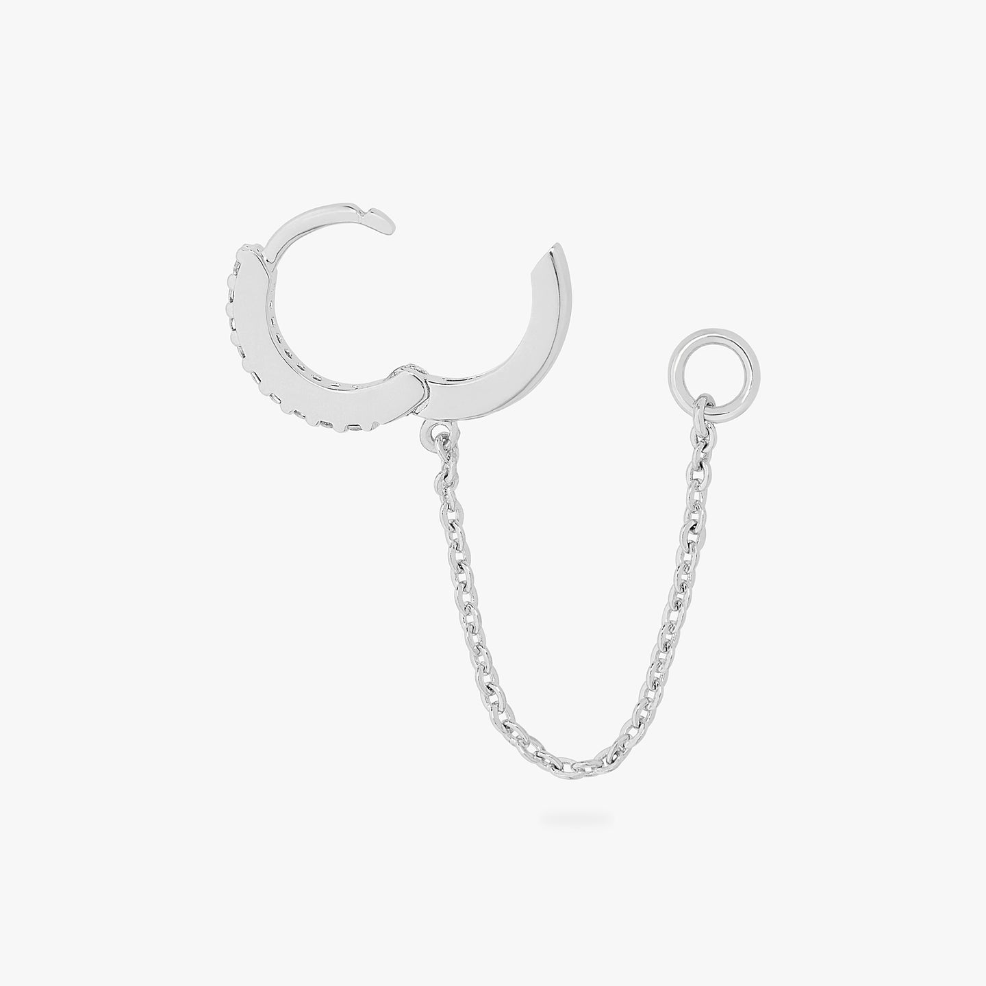 An image of a silver/clear mini pave huggie with a connector chain to an open 4mm wide jump ring unhinged. color:null|silver/clear