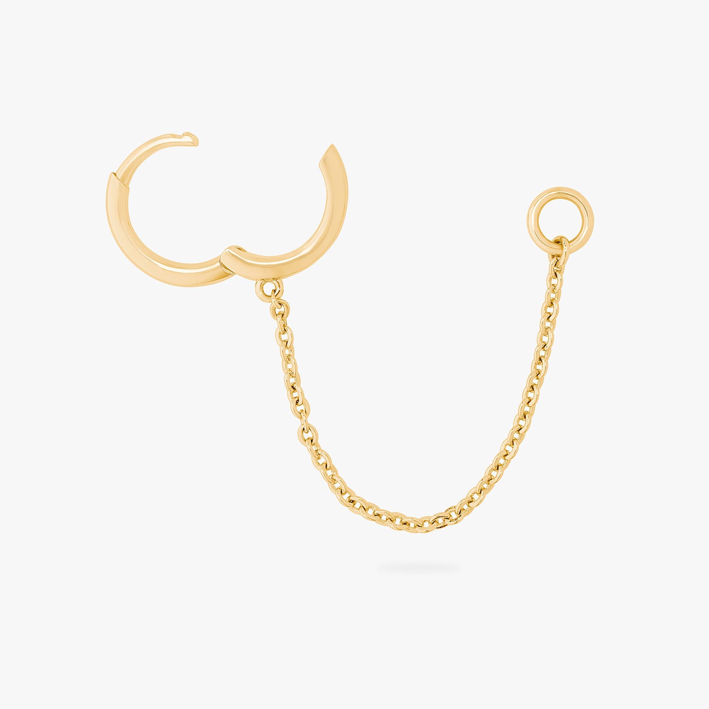 A gold small slim huggie with a connector chain with a 4mm open jump ring unhinged. color:null|gold