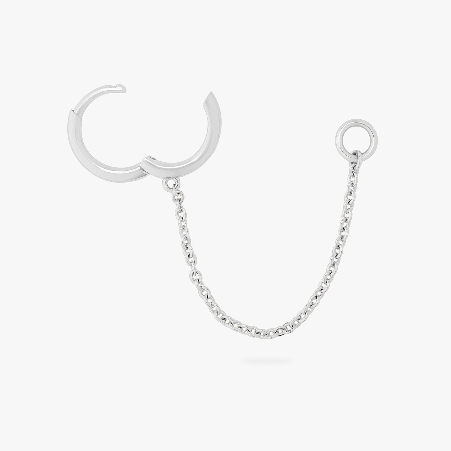 A silver small slim huggie with a connector chain with a 4mm open jump ring unhinged. color:null|silver