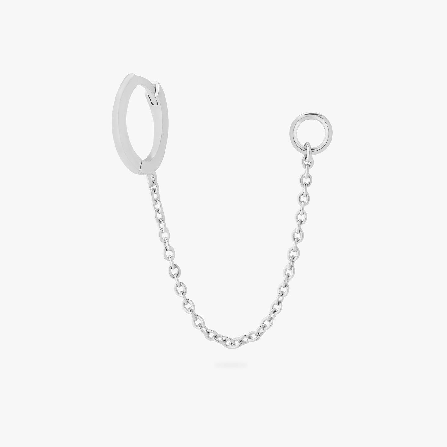 A silver small slim huggie with a connector chain with a 4mm open jump ring. color:null|silver