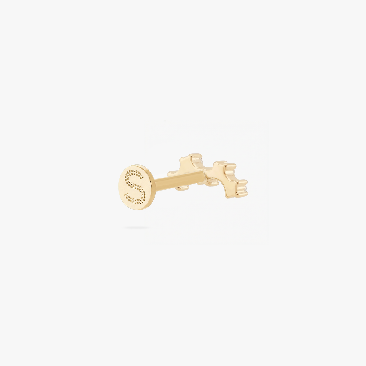 Back angle of a gold micro cluster flatback stud with an engraved 'S' on the post