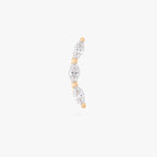 This is an image of the front view of the 14k gold flatback studs with 3 clear, pear-shaped cz's in a curved line. 