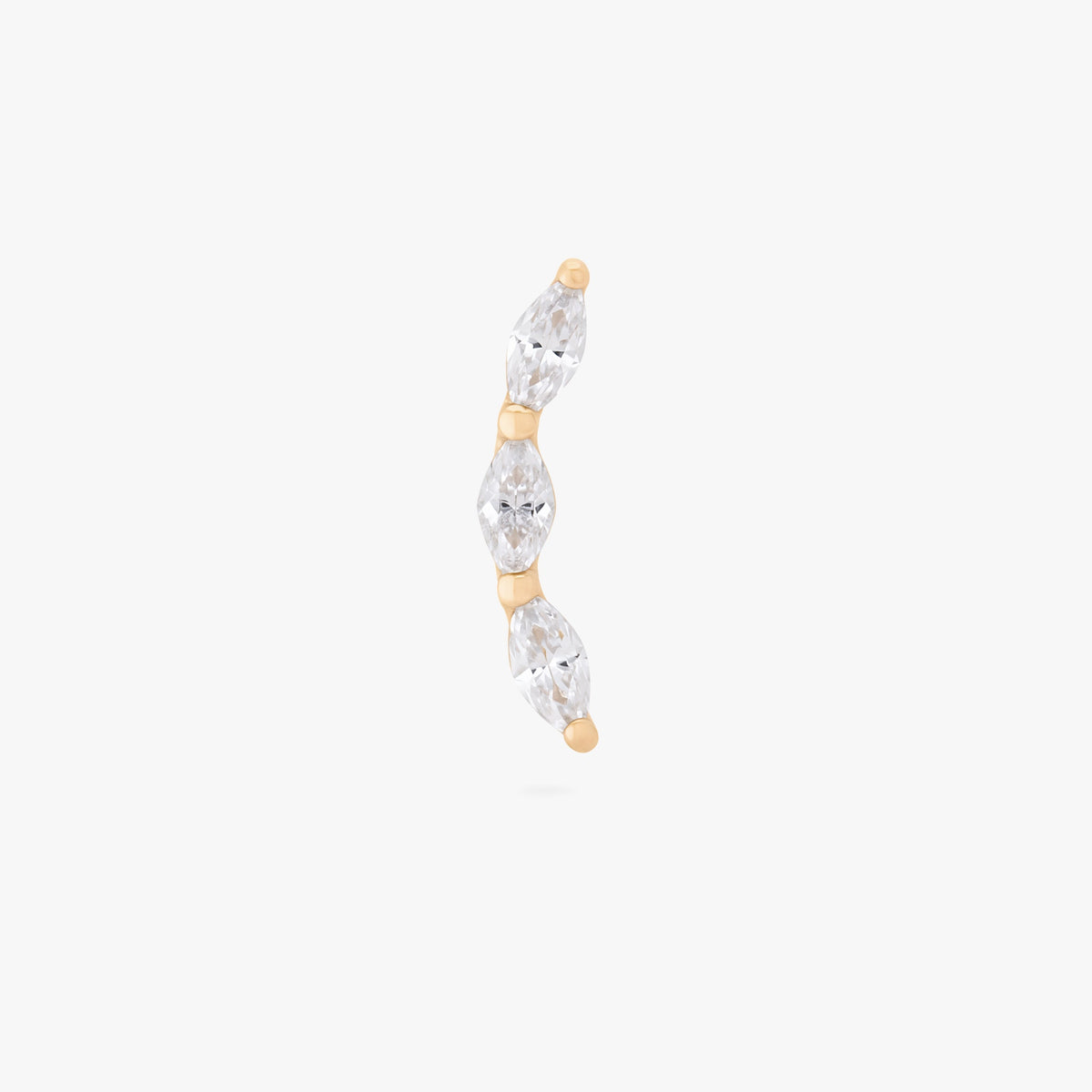 This is an image of the front view of the 14k gold flatback studs with 3 clear, pear-shaped cz's in a curved line. 