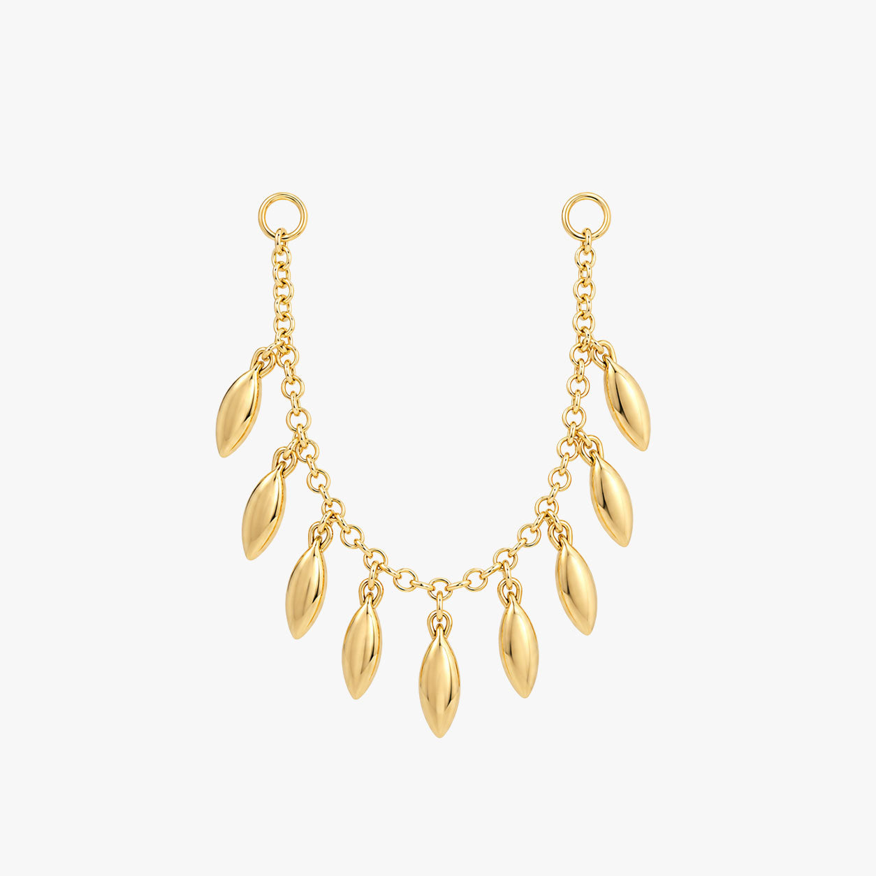 this image shows a 14k gold plated connector chain with 9 solid fringe dangles.