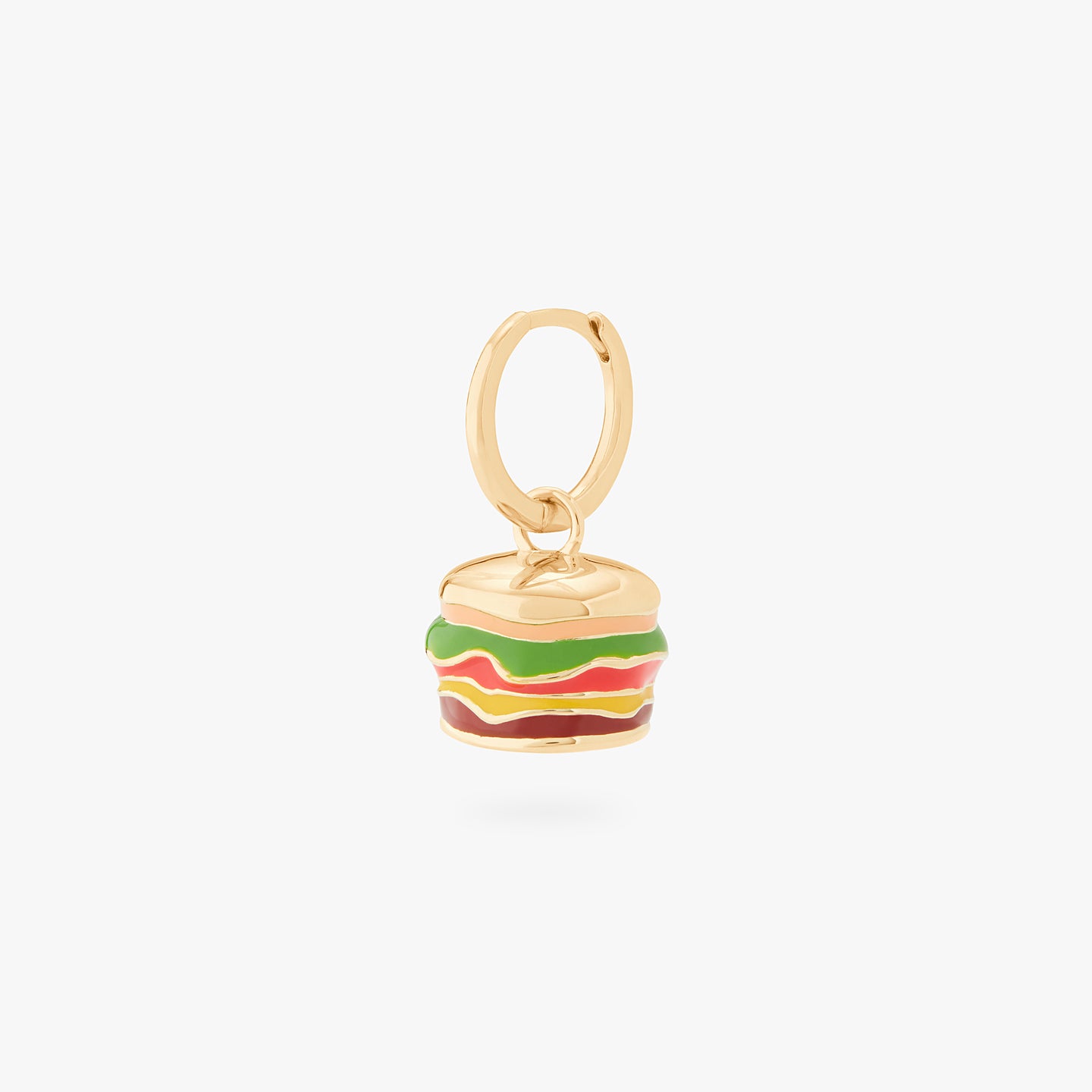 This is an image of a burger-shaped, enameled charm huggie in gold created to look like a Shake Shack Burger. color:null|gold/clear