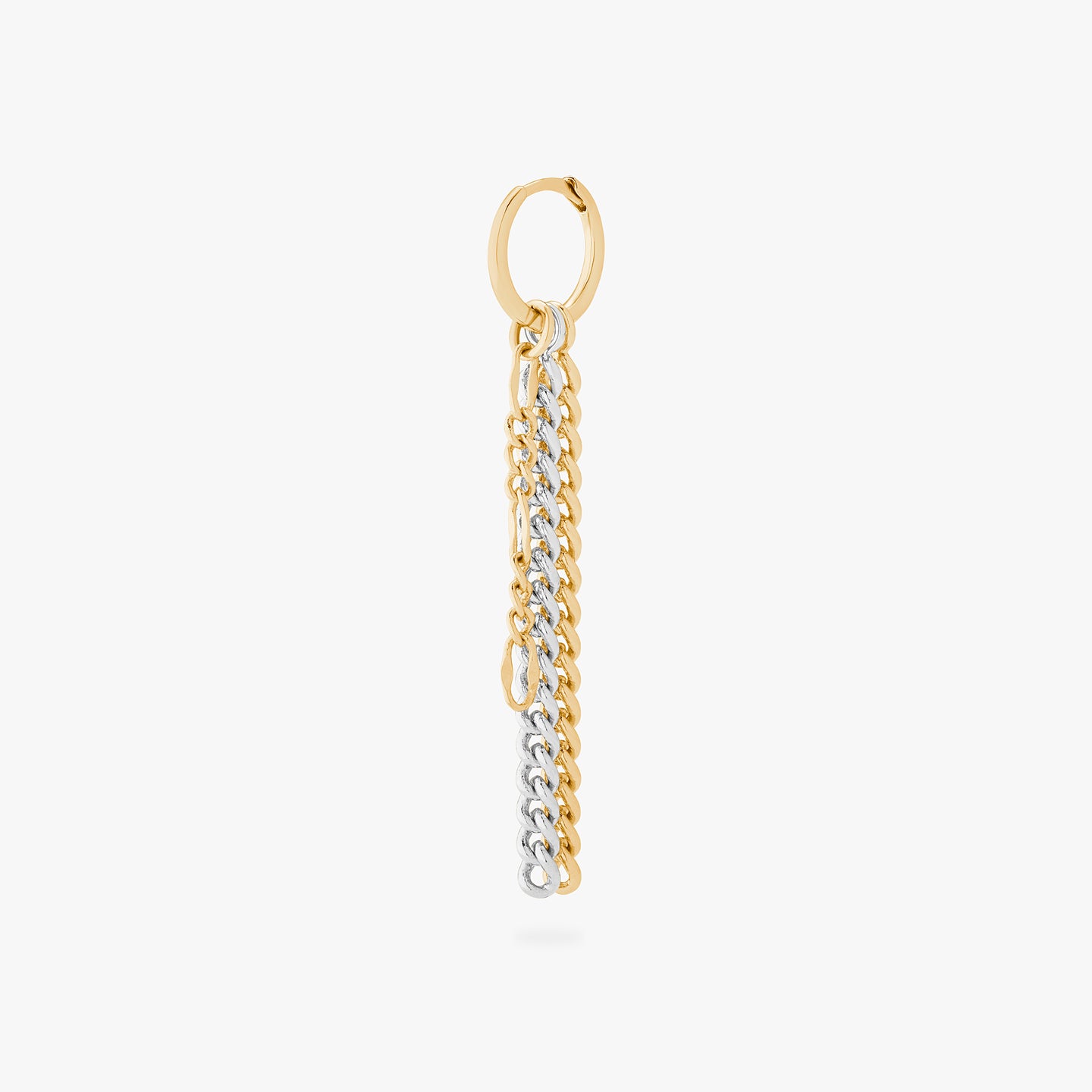 a gold small slim huggie with 2 gold chain charms and one silver chain charm color:null|gold