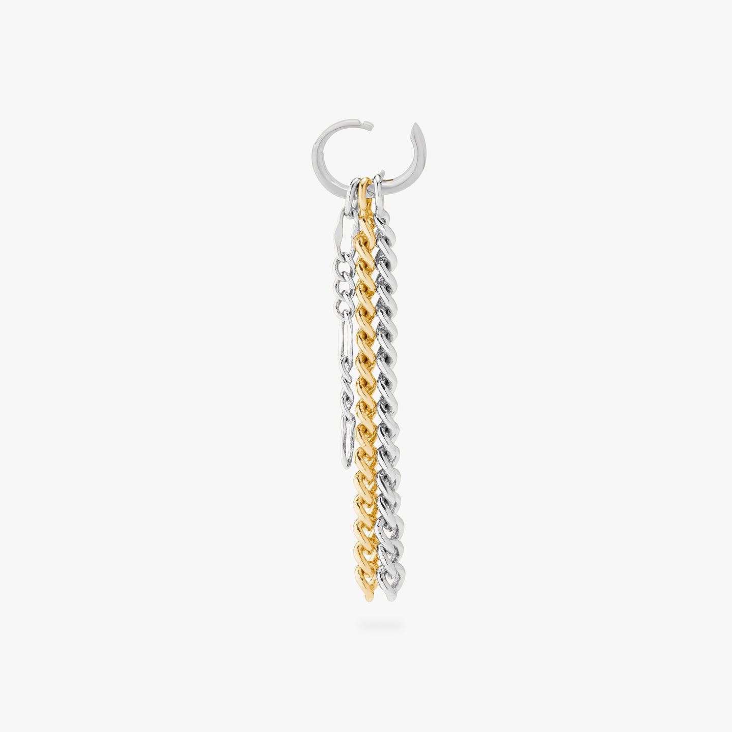 a silver small slim huggie with 2 silver chain charms and one gold chain charm unhinged color:null|silver