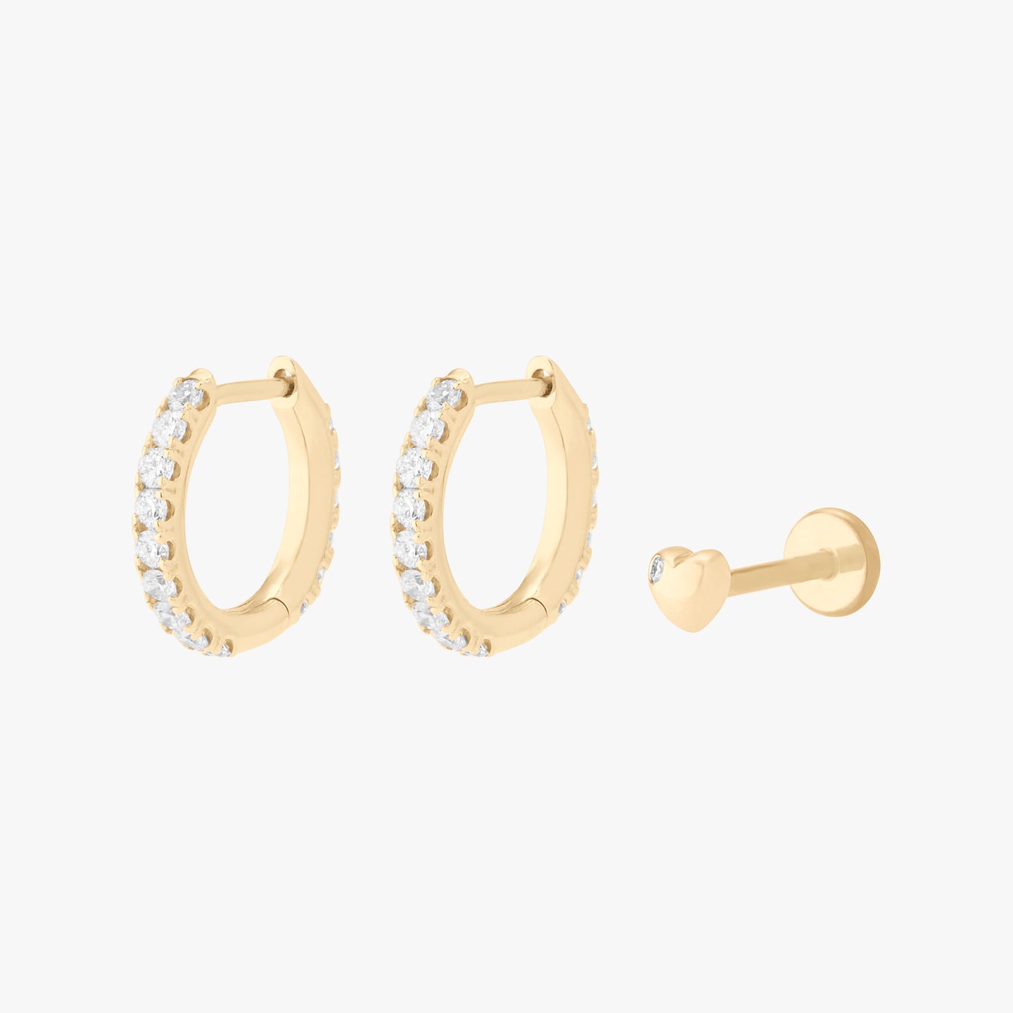 yellow gold set of diamond huggies and a flatback stud color:null|gold/clear