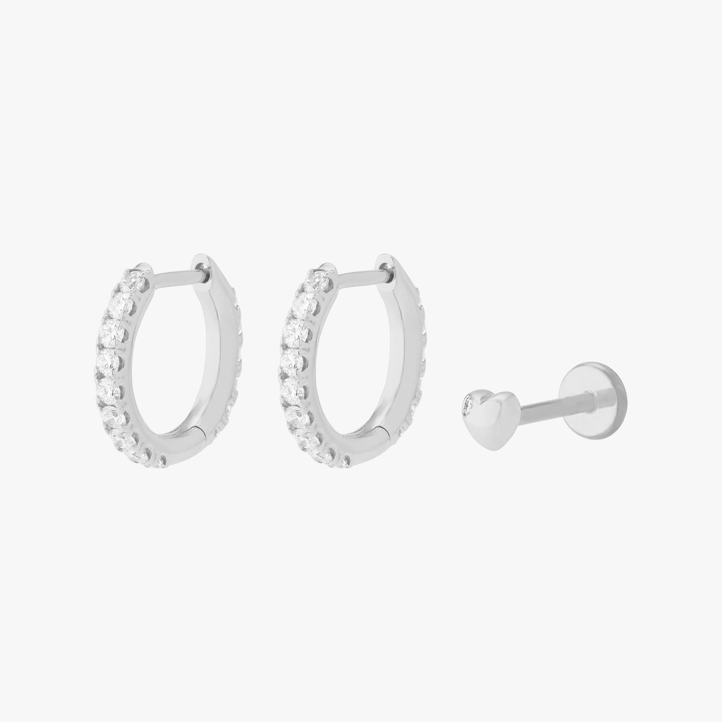 white gold set of diamond huggies and a flatback stud color:null|silver/clear