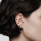 this image shows an earscape featuring the 14k gold plated max bezel baguette huggie with black cz baguette stones. 