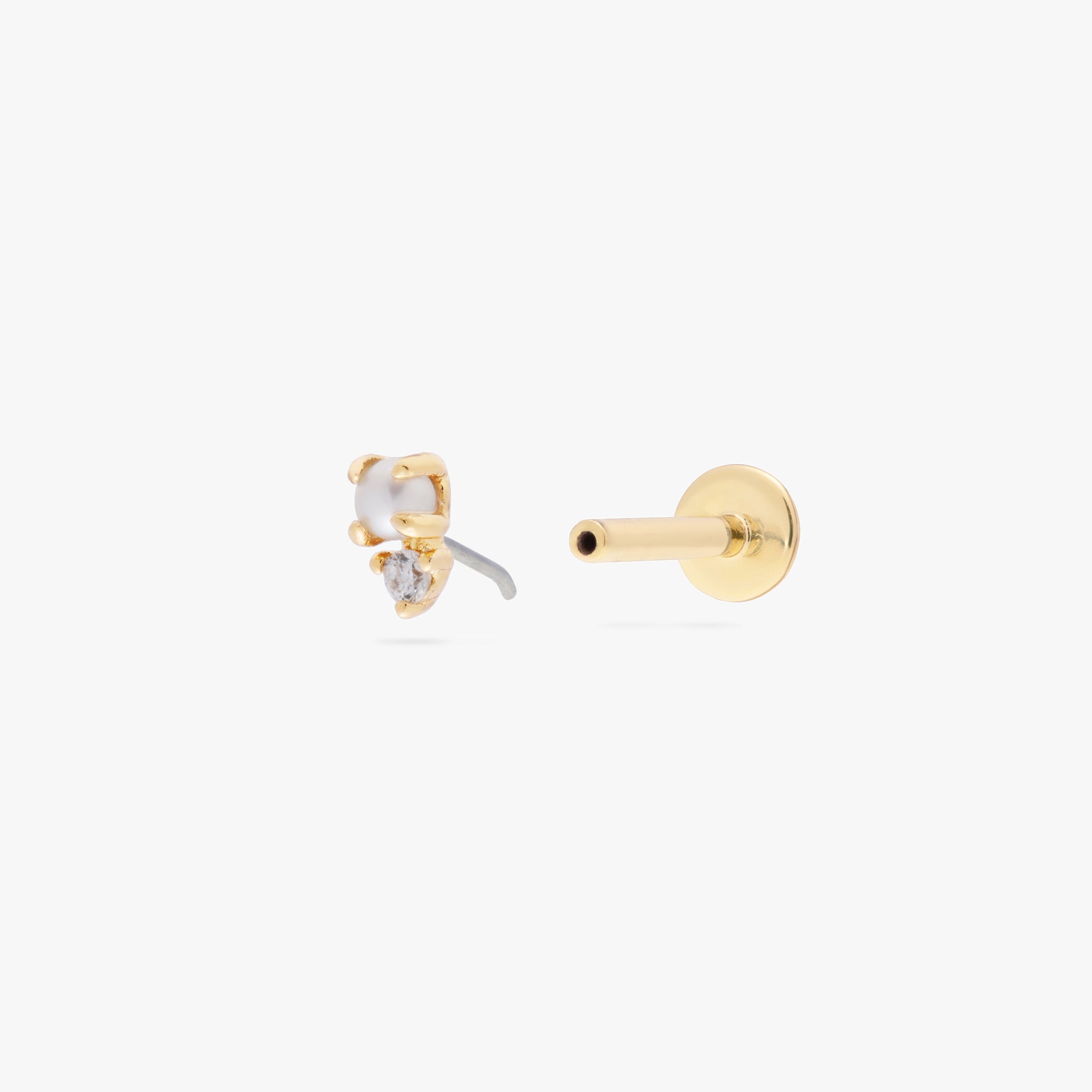 This is an image of a gold flatback stud with a pearl stacked cz stone. - Alternative view 3